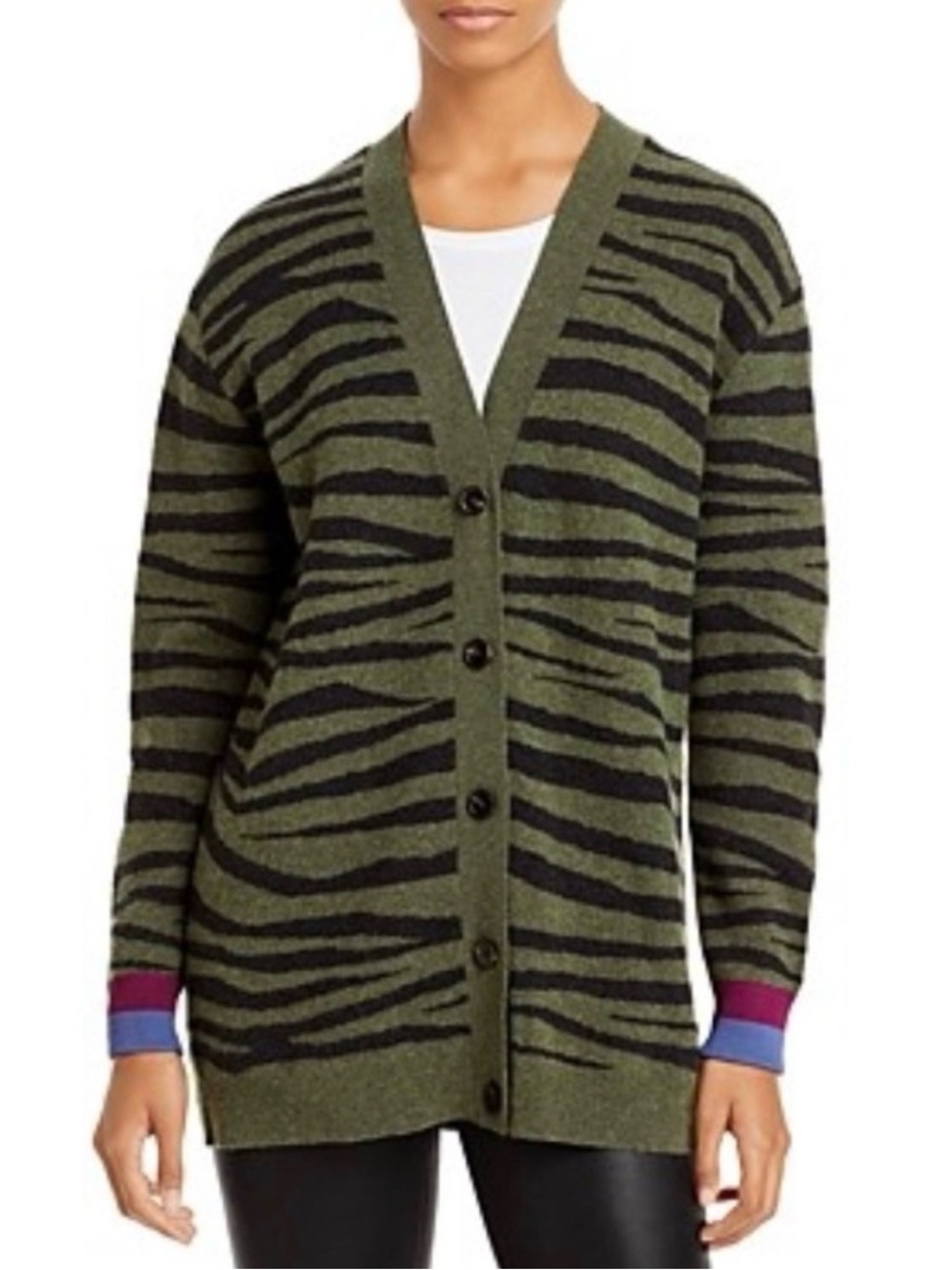 KULE The Tony Cardigan Sweater, green and black tiger stripe, size small